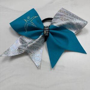 CEA Teal and Silver Cheer Bow with Rhinestone Accent